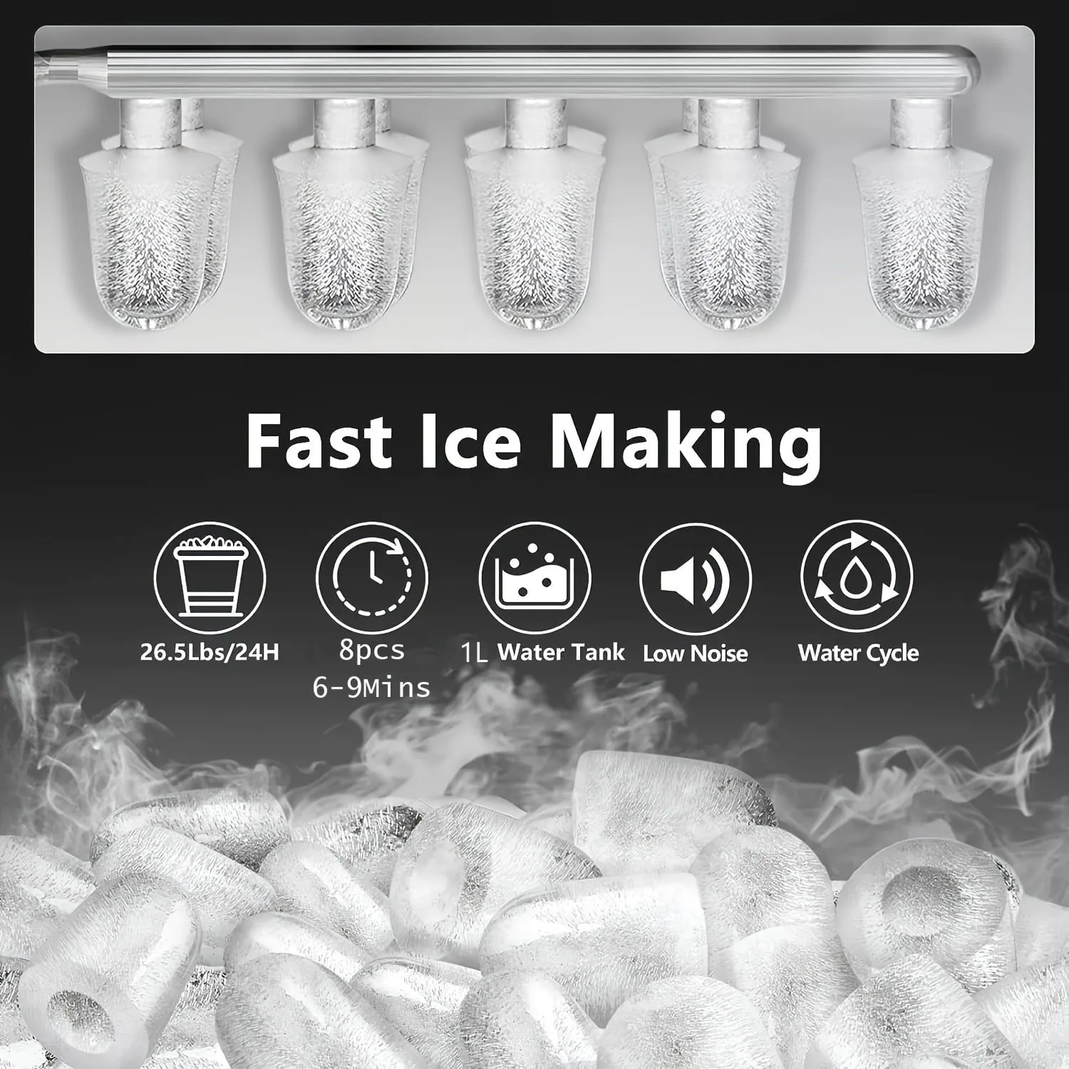 1pc Ice Maker Countertop, Fast Ice Making In 6-10 Mins 8 Bullet-Shaped Ice, 26 Lbs / 24 Hrs, Portable Ice Maker Machine With Self-Cleaning, Ice Scoop And Basket, For Home , Kitchen , Office , Bar