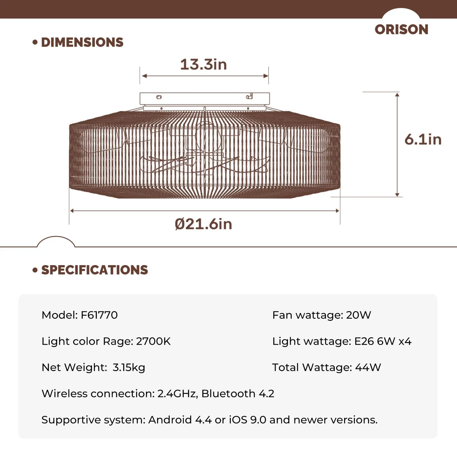 20" Orison Fandelier Ceiling Fan With Lights, Flush Mount Ceiling Fan with Remote/APP Control