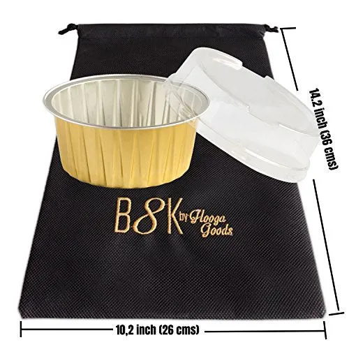 B8K 125 mililiters Eco-Friendly Aluminum Foil Baking Cups with Plastic Lid plus 10 Recipes Electronic Book, 100 Pieces Package. Perfect for Mini Dishes Preparation. Food Safe 100% Recyclable